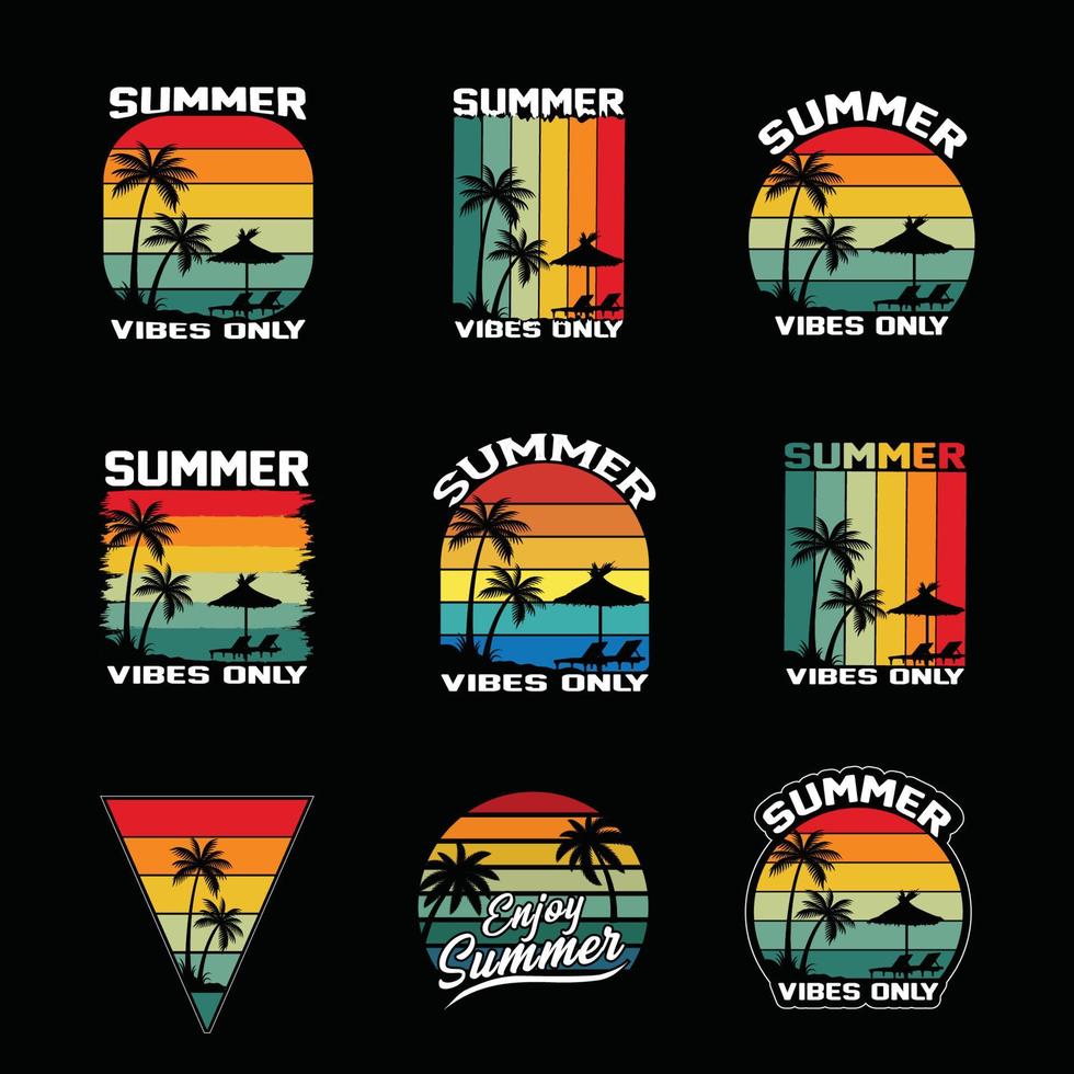 Vintage Retro sunset summer beach t-shirt design for summer vibes only, California beach enjoy summer with palm trees Deckchair umbrella t-shirt graphics  banner, poster, flyer vector illustration