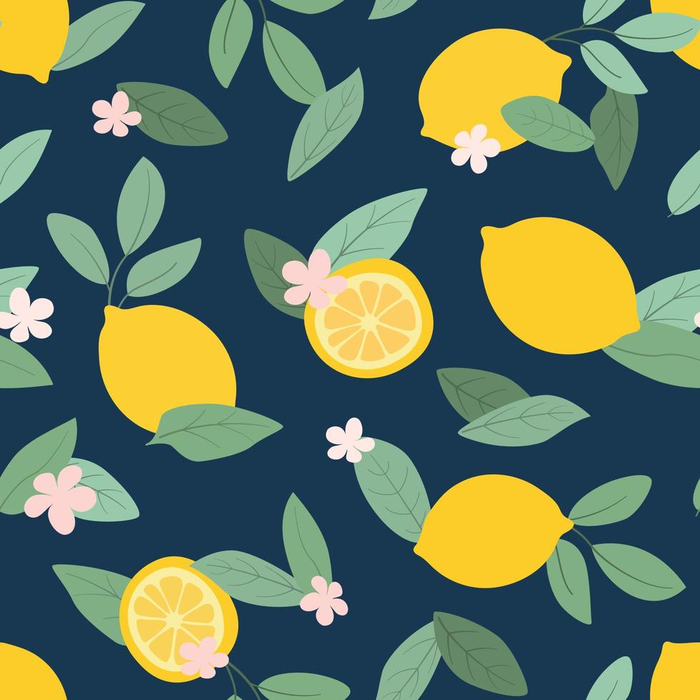 Tropical summer fruits seamless pattern. Citrus tree in hand drawn style. Vector fabric design with lemons and flowers.