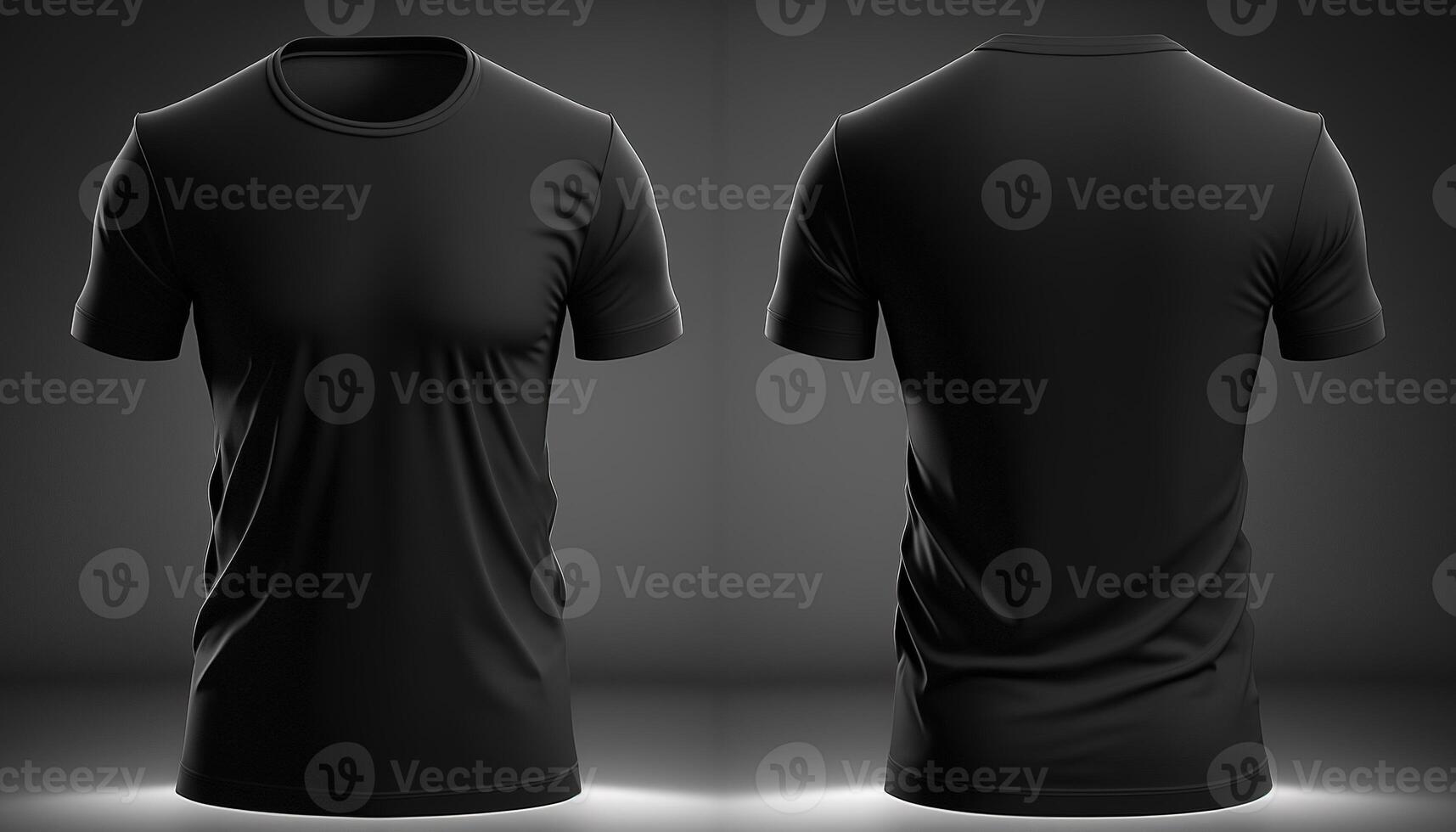 Photo realistic male black t-shirts with copy space, front and back view.