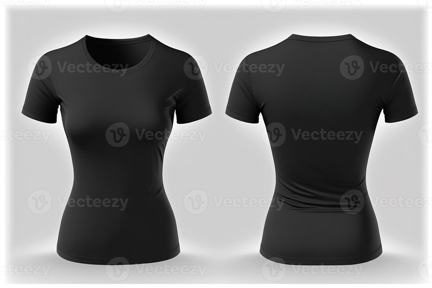 Photo realistic female black t-shirts with copy space, front and back view.