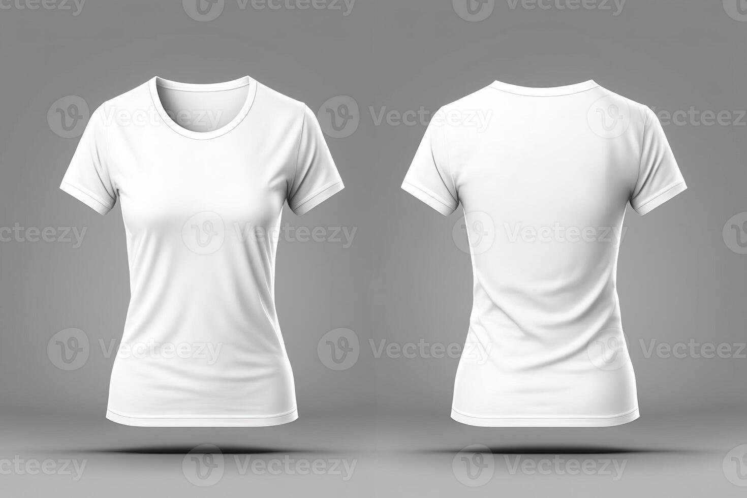Photo realistic female white t-shirts with copy space, front and back view.
