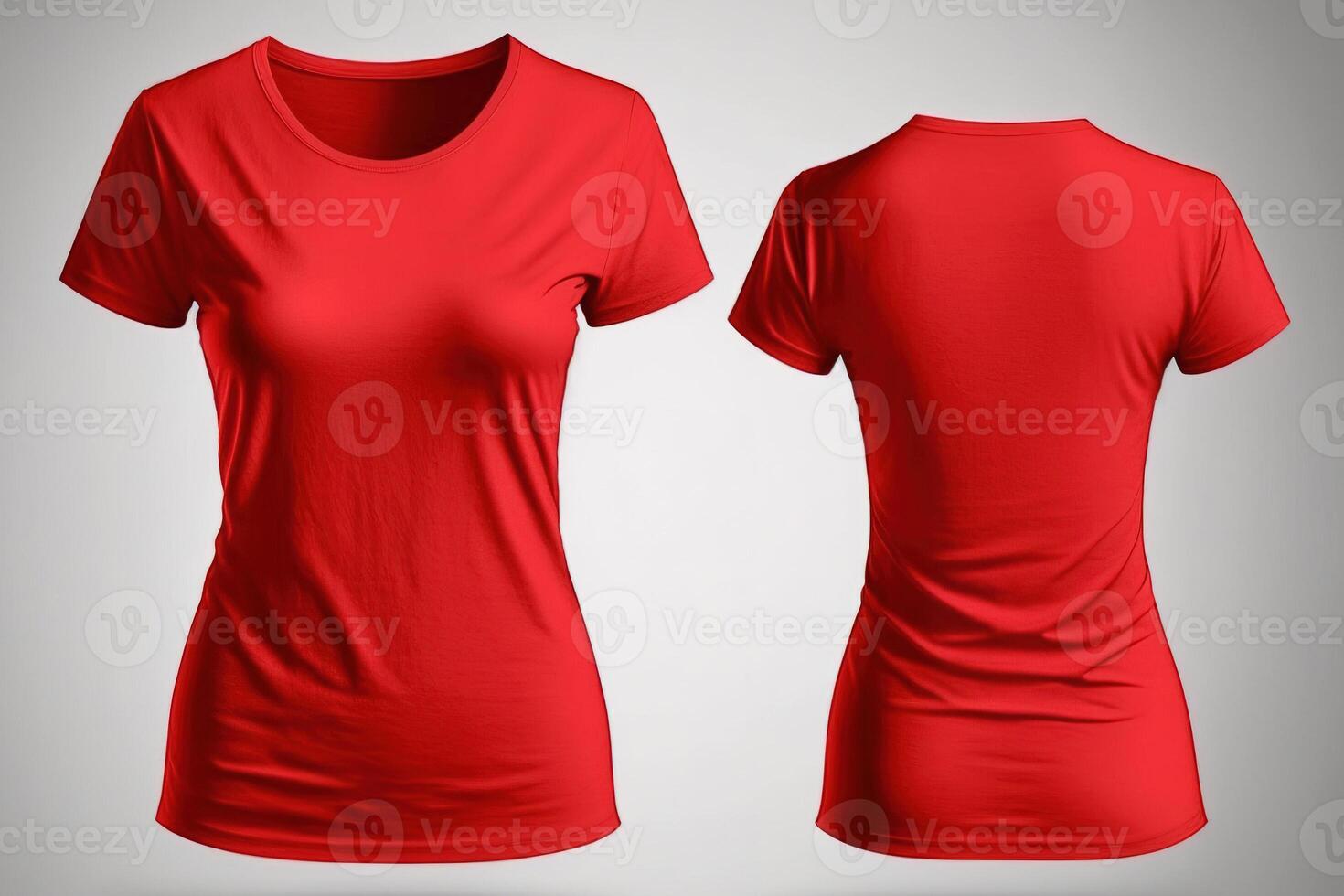 Photo realistic female red t-shirts with copy space, front and back view.