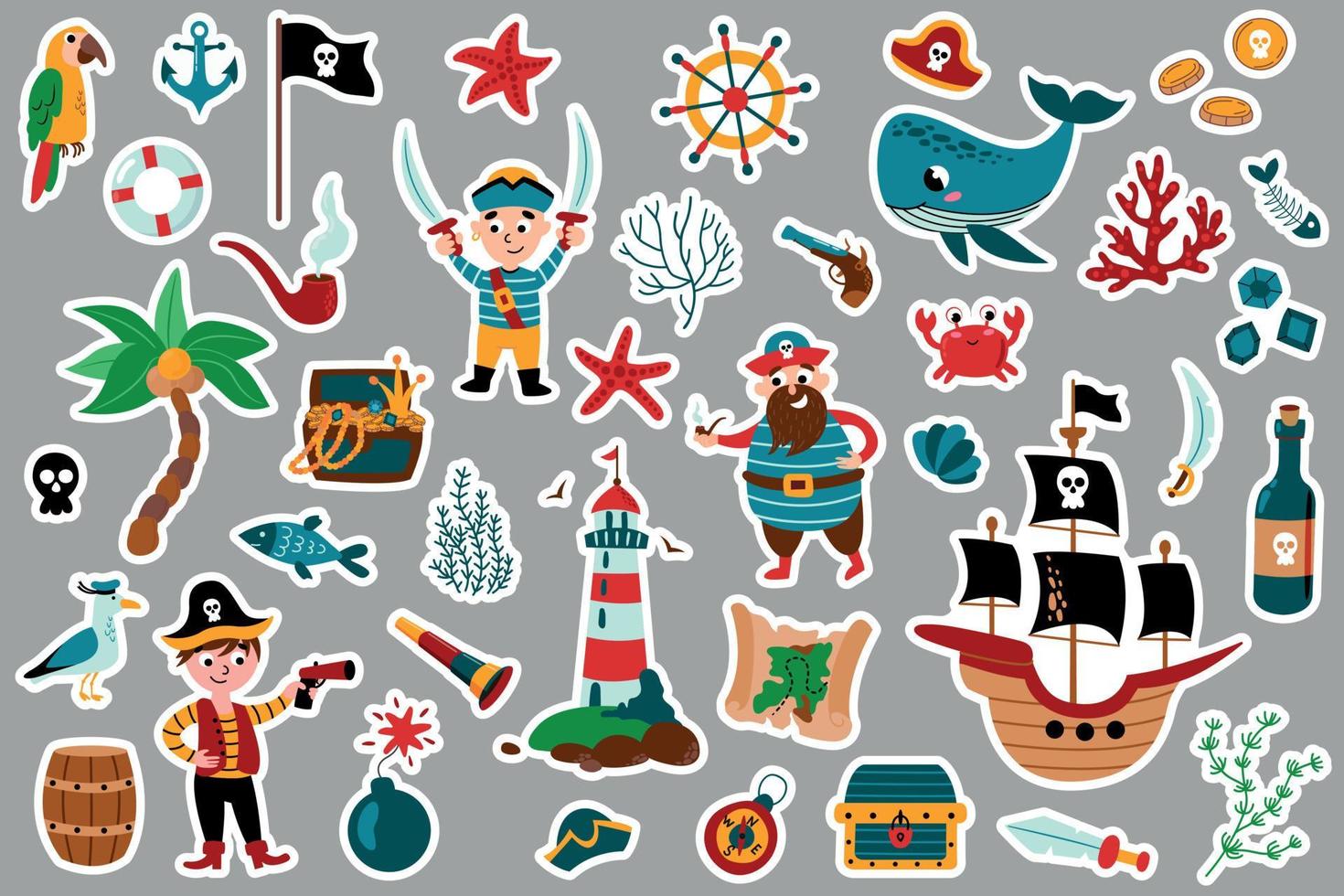 pirata pegatina colocar. pirata fiesta pegatina para jardín de infancia. aventura, tesoro, piratas, ballena, barco, tesoro pecho, Ron botella. vector