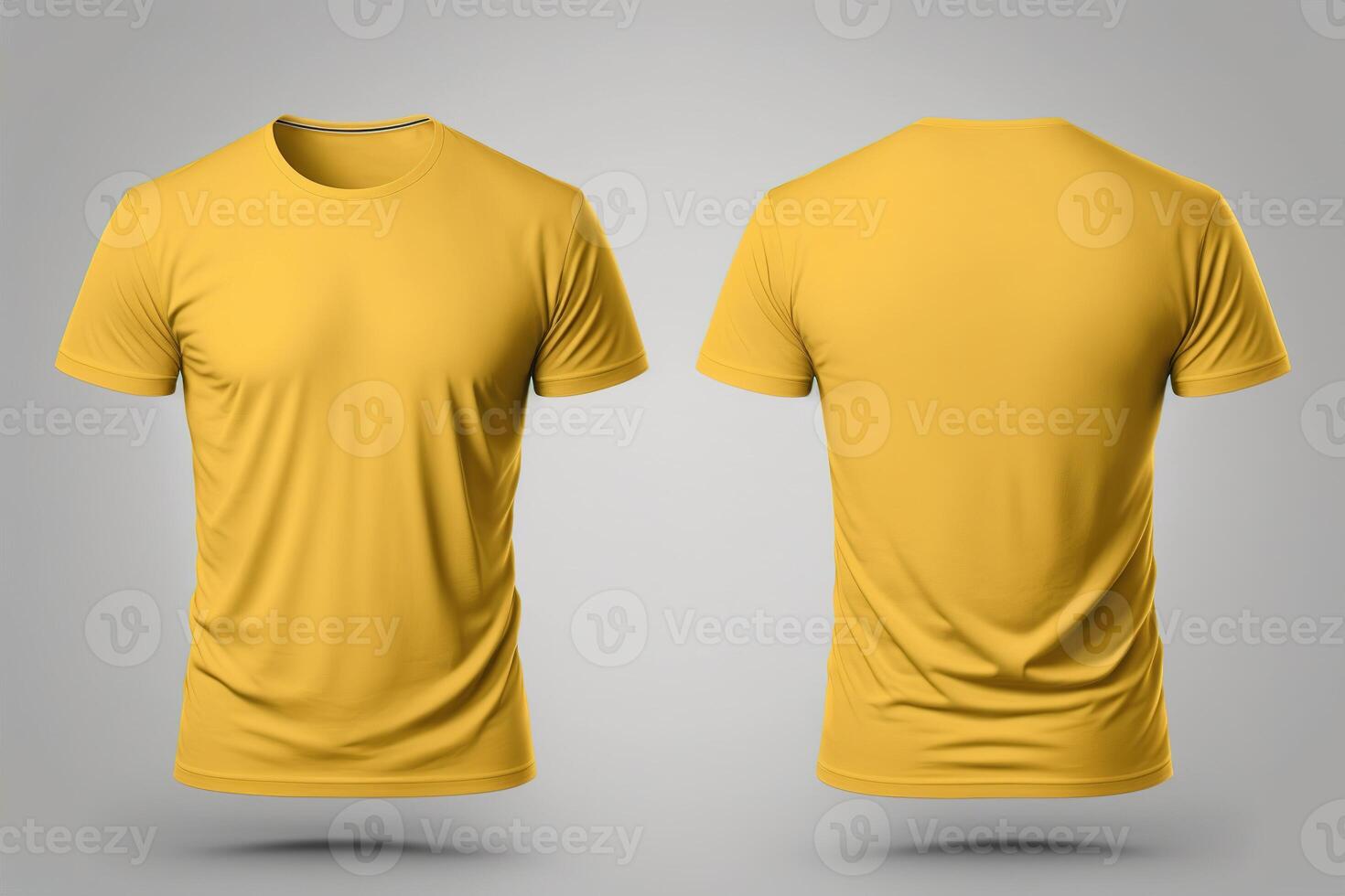 Photo realistic male yellow t-shirts with copy space, front and back view.