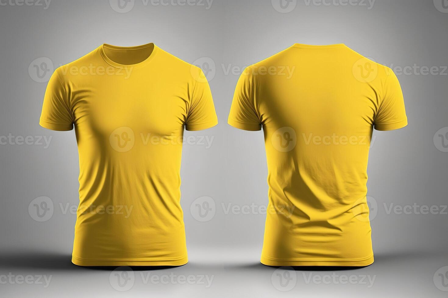 Photo realistic male yellow t-shirts with copy space, front and back view.