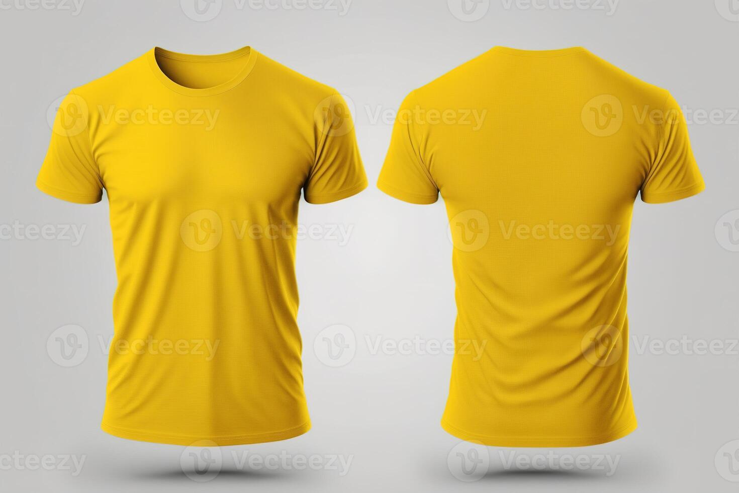 Photo realistic male yellow t-shirts with copy space, front and back view.