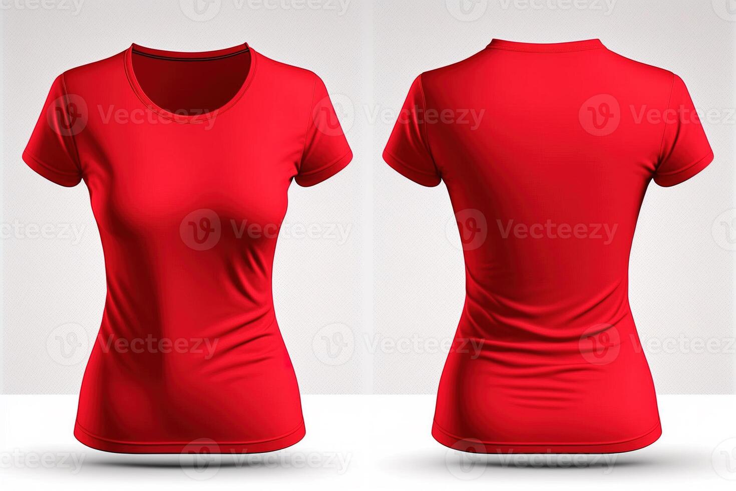 Photo realistic female red t-shirts with copy space, front and back view.