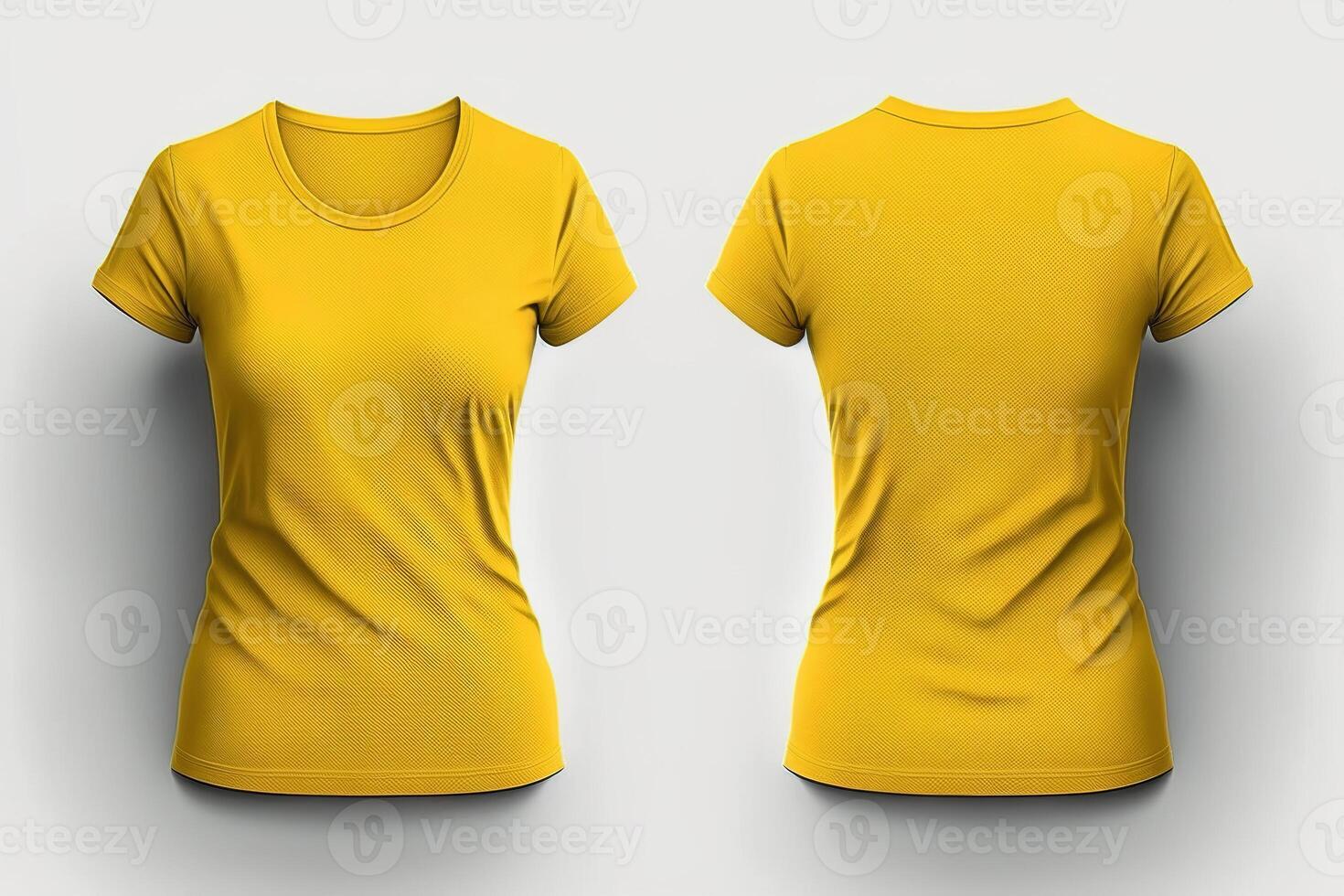 foto realista hembra amarillo camisetas con Copiar espacio, frente y espalda vista. ai generado