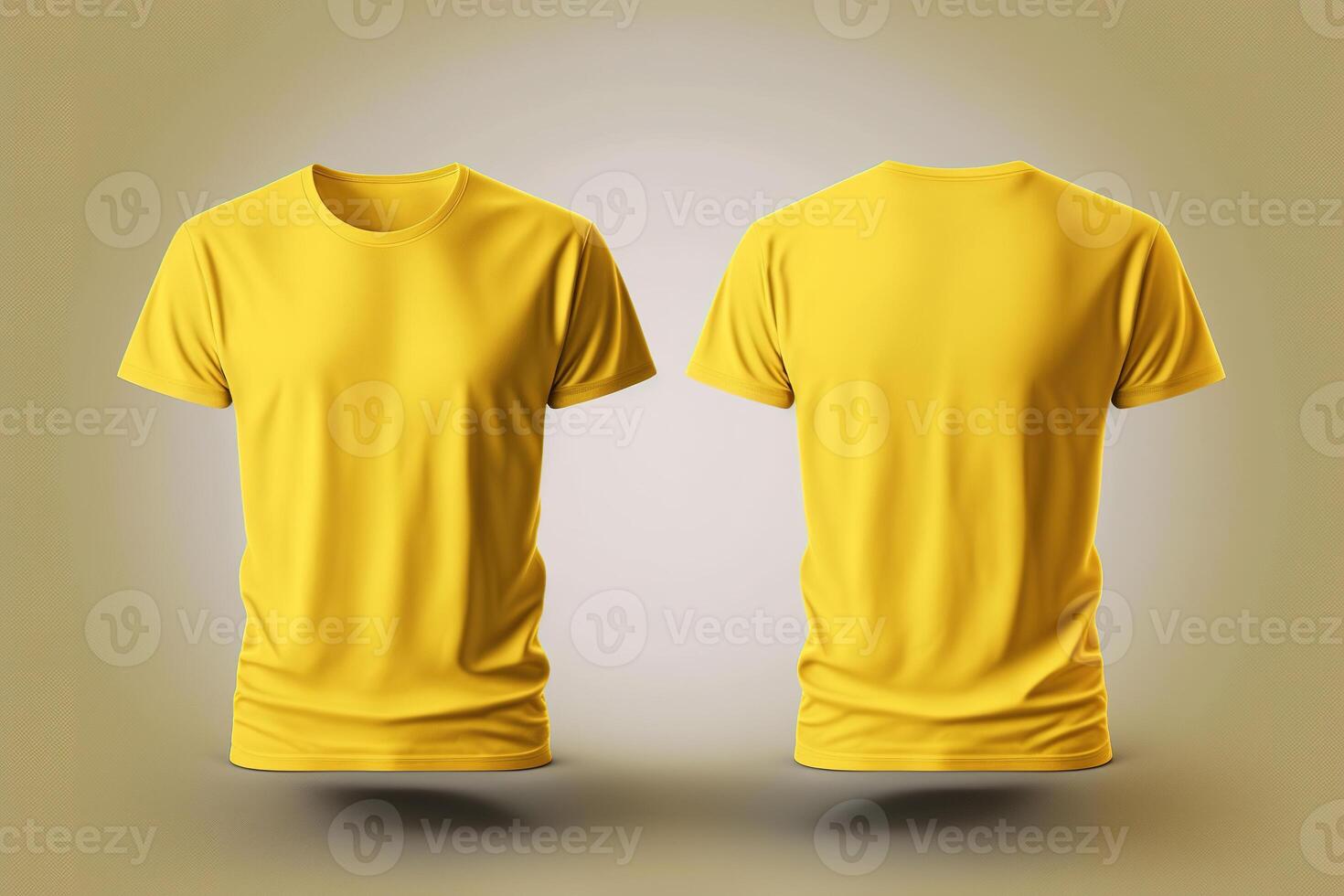 Photo realistic male yellow t-shirts with copy space, front and back view.