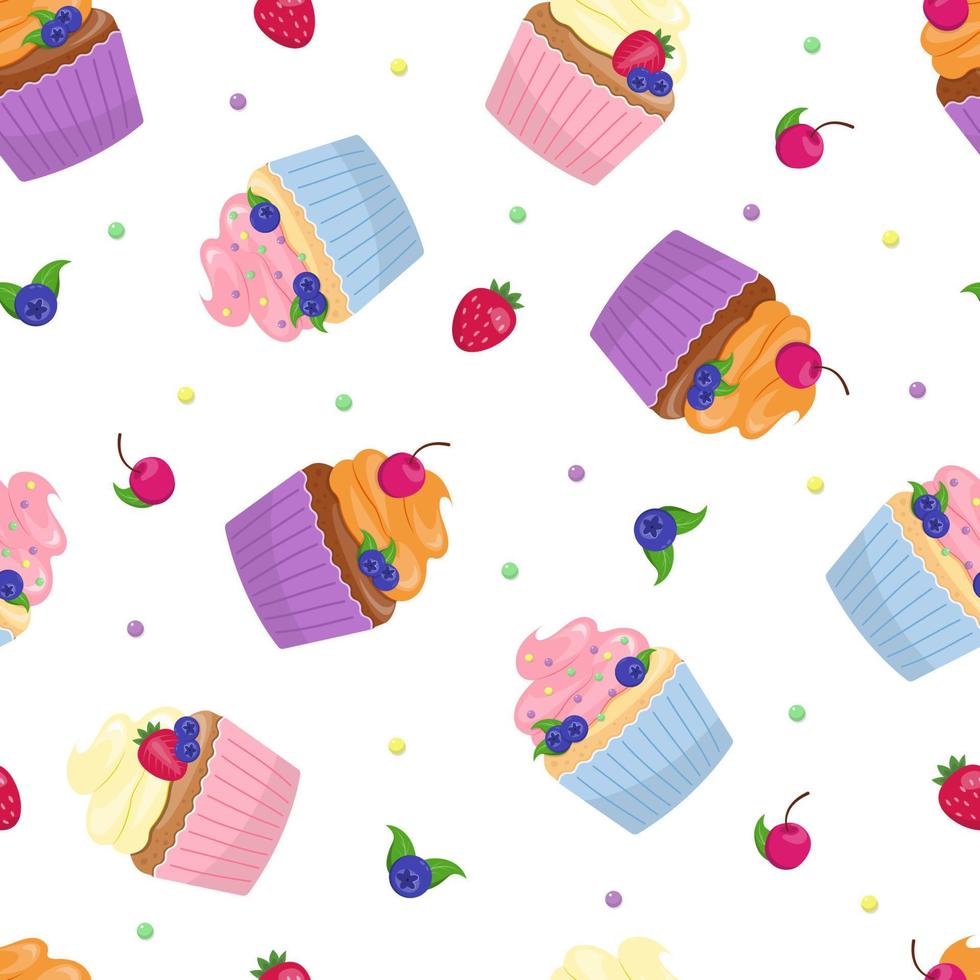 Seamless pattern with different cupcakes on a white background. Sweet pastries decorated with cherry and blueberries. vector