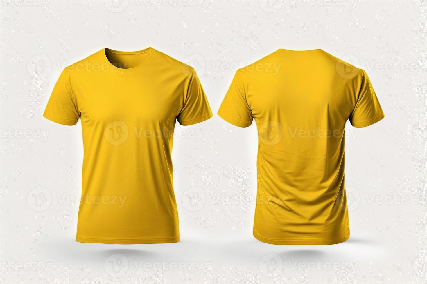 Photo realistic male yellow t-shirts with copy space, front and back view.