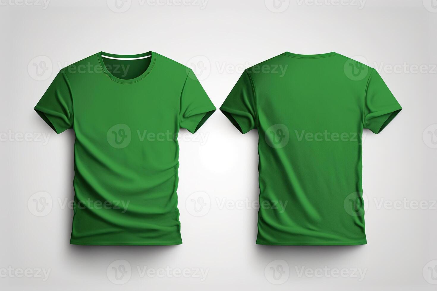Photo realistic male green t-shirts with copy space, front and back view.