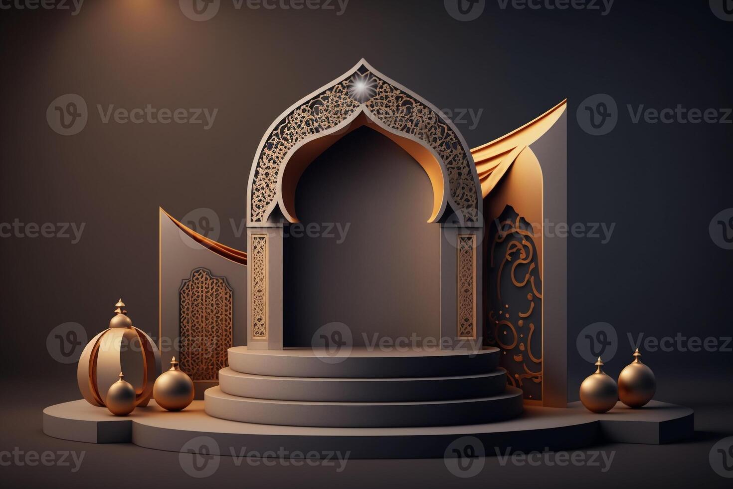 3D luxurious and elegant Islamic-themed podium for product display, Ramadan podium. photo