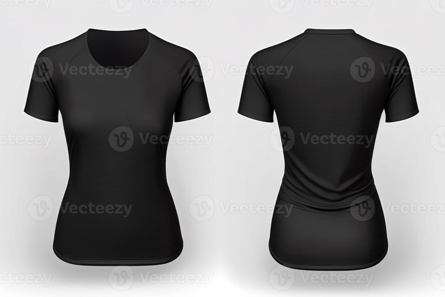 Photo realistic female black t-shirts with copy space, front and back view.