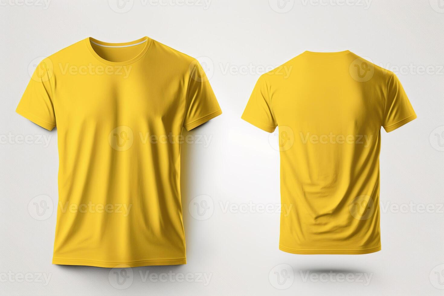 Photo realistic male yellow t-shirts with copy space, front and back view.