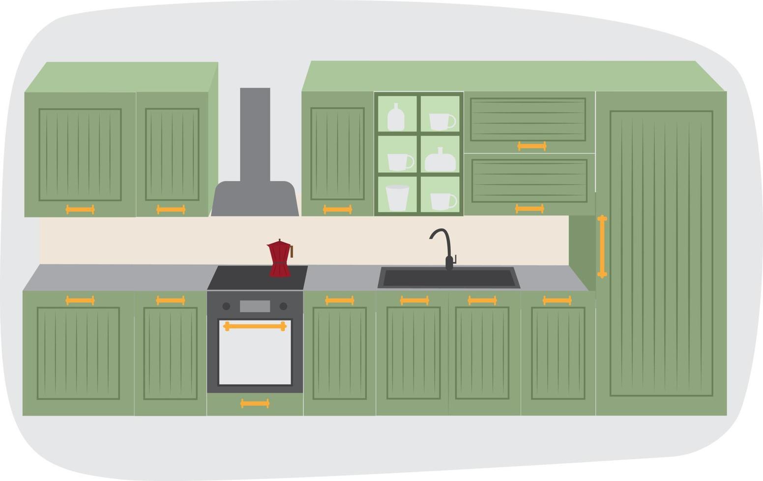 Kitchen. A complete set of furniture for the kitchen. Green. High quality vector image.