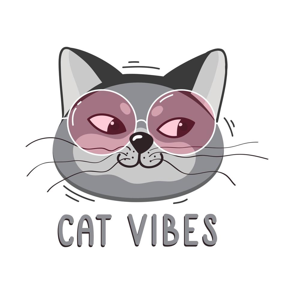 Cute cat in rose-colored glasses with the inscription 'Cat vibes'. Cat love concept, greeting card design. World Cat Day. Vector illustration of the character, isolated on a white background.