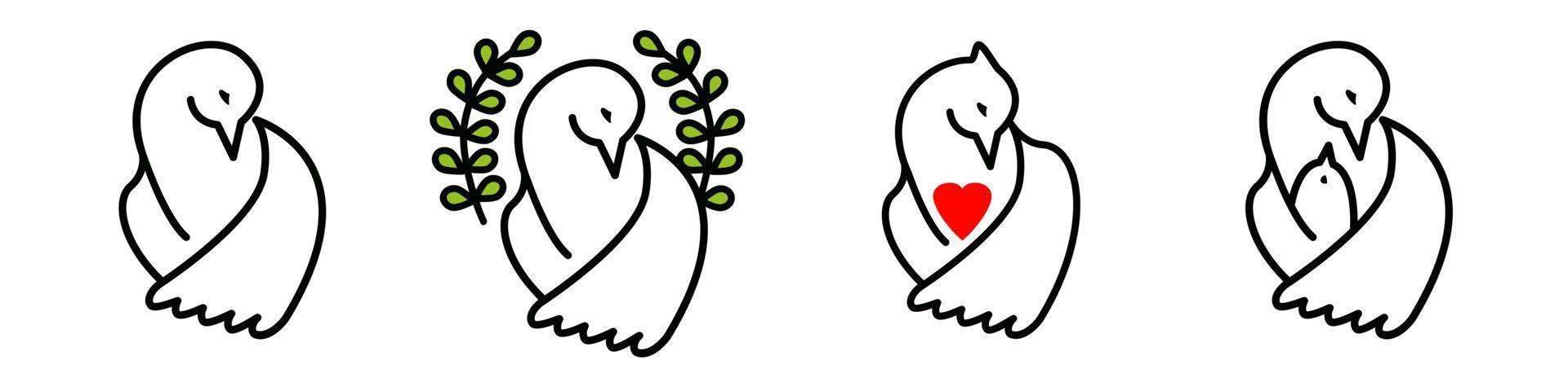 Vector set of Pigeon of the world, Pigeon with a red heart, a bird with a chick. Group of different concepts isolated on white background. Symbols of peace, mercy, mutual assistance, love, motherhood