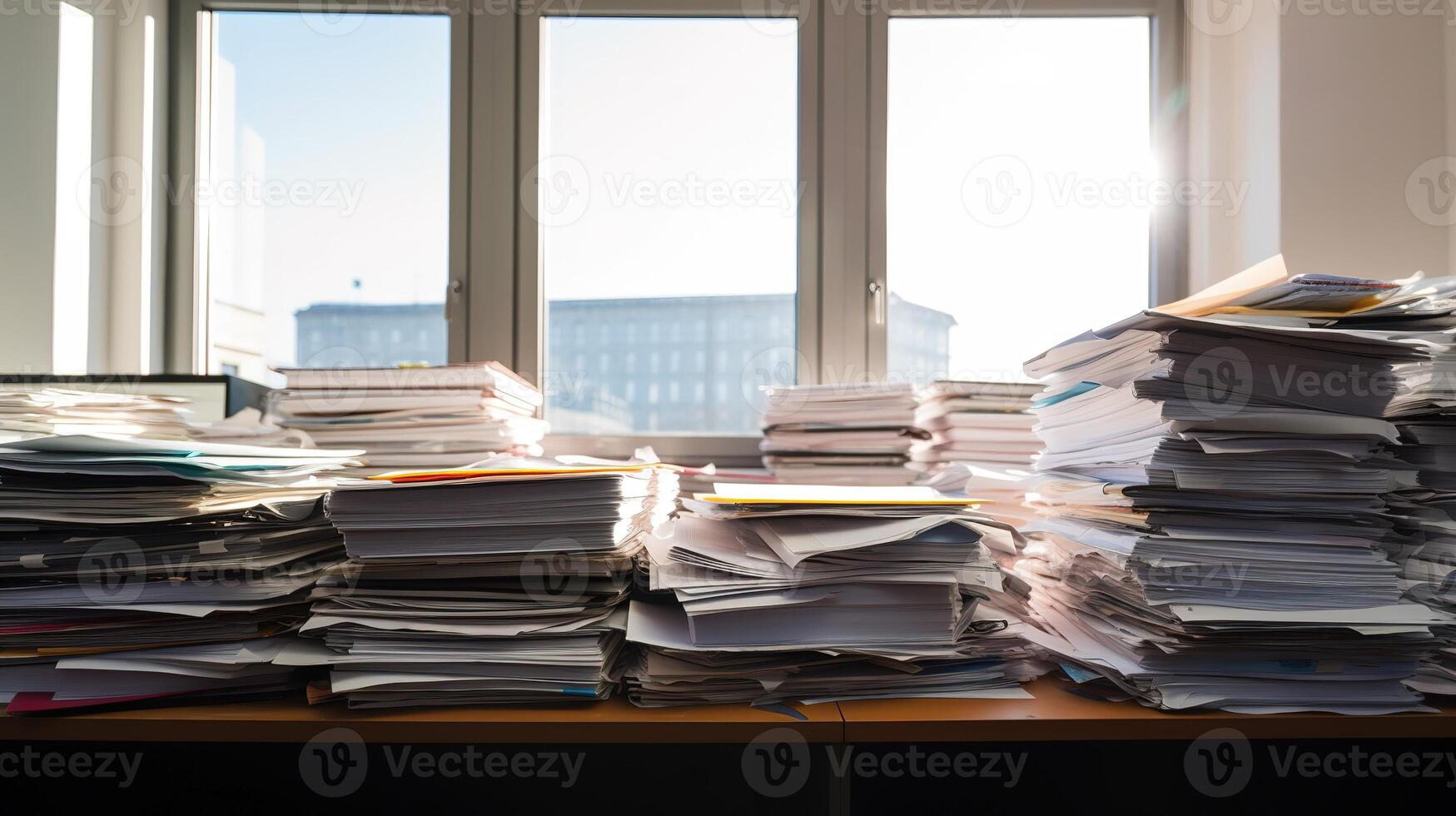 Overwhelmed with Paperwork, Managing a Heavy Workload at the Office. photo