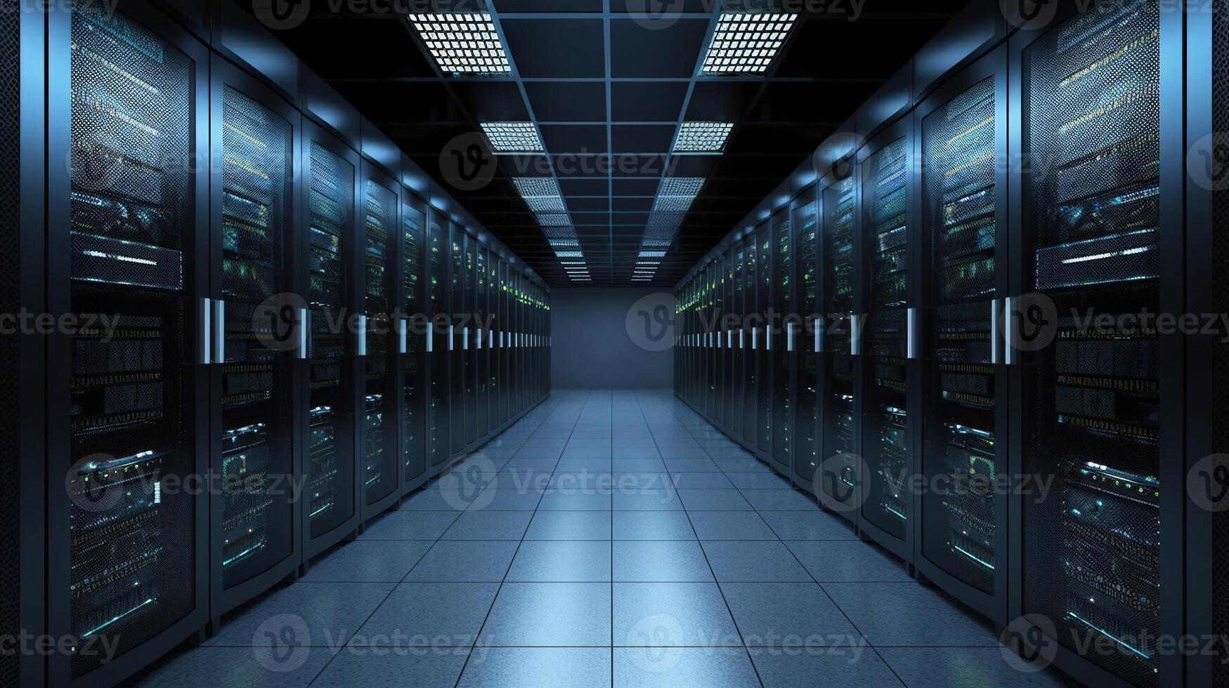 A Network Security Server Room Filled with Computer Racks. photo