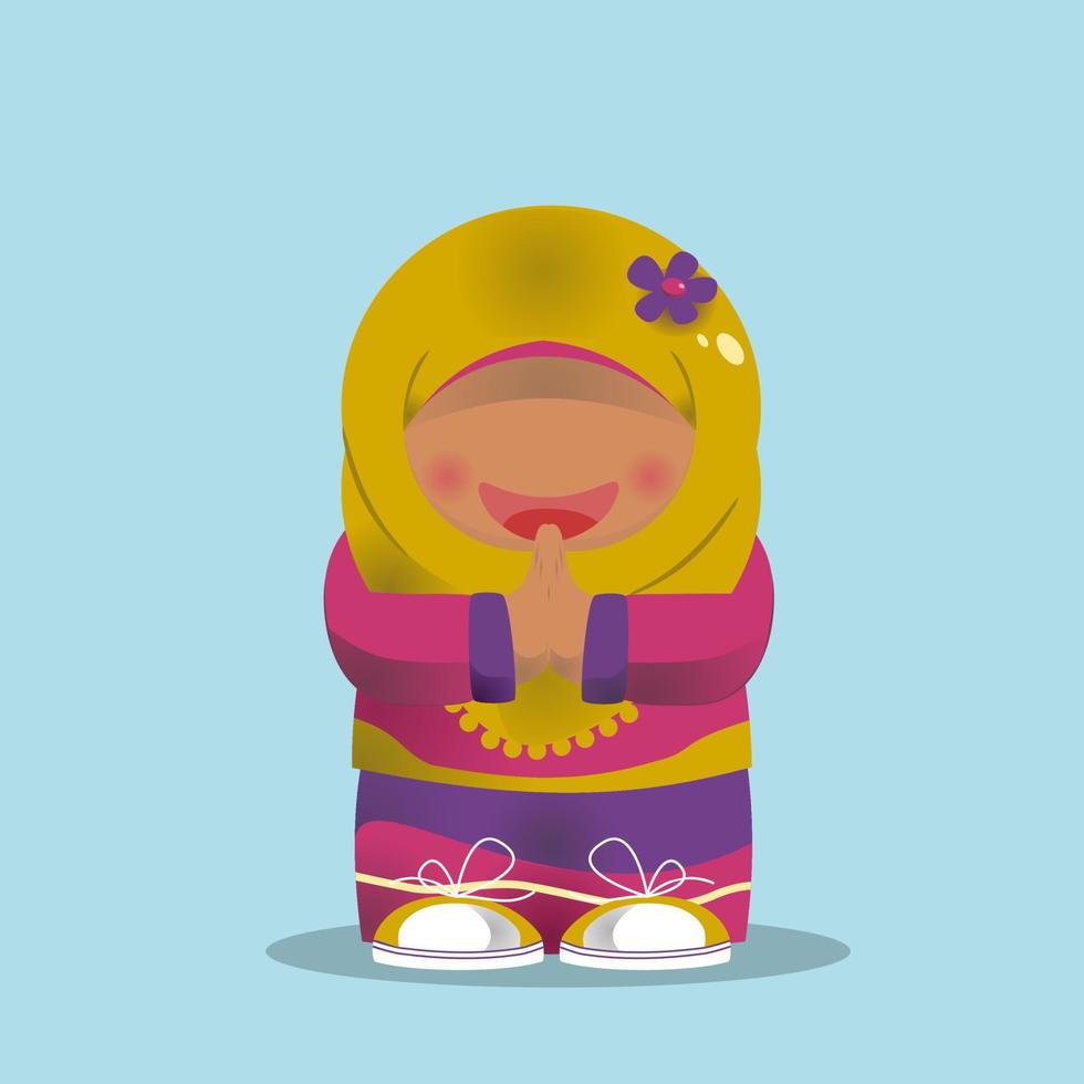 Muslim kids characters wish you a happy Eid Mubarak vector illustration