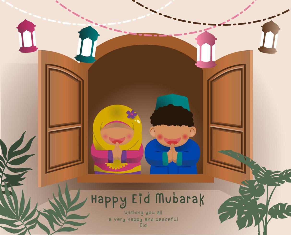 Muslim kids wish you a happy Eid Mubarak vector illustration background