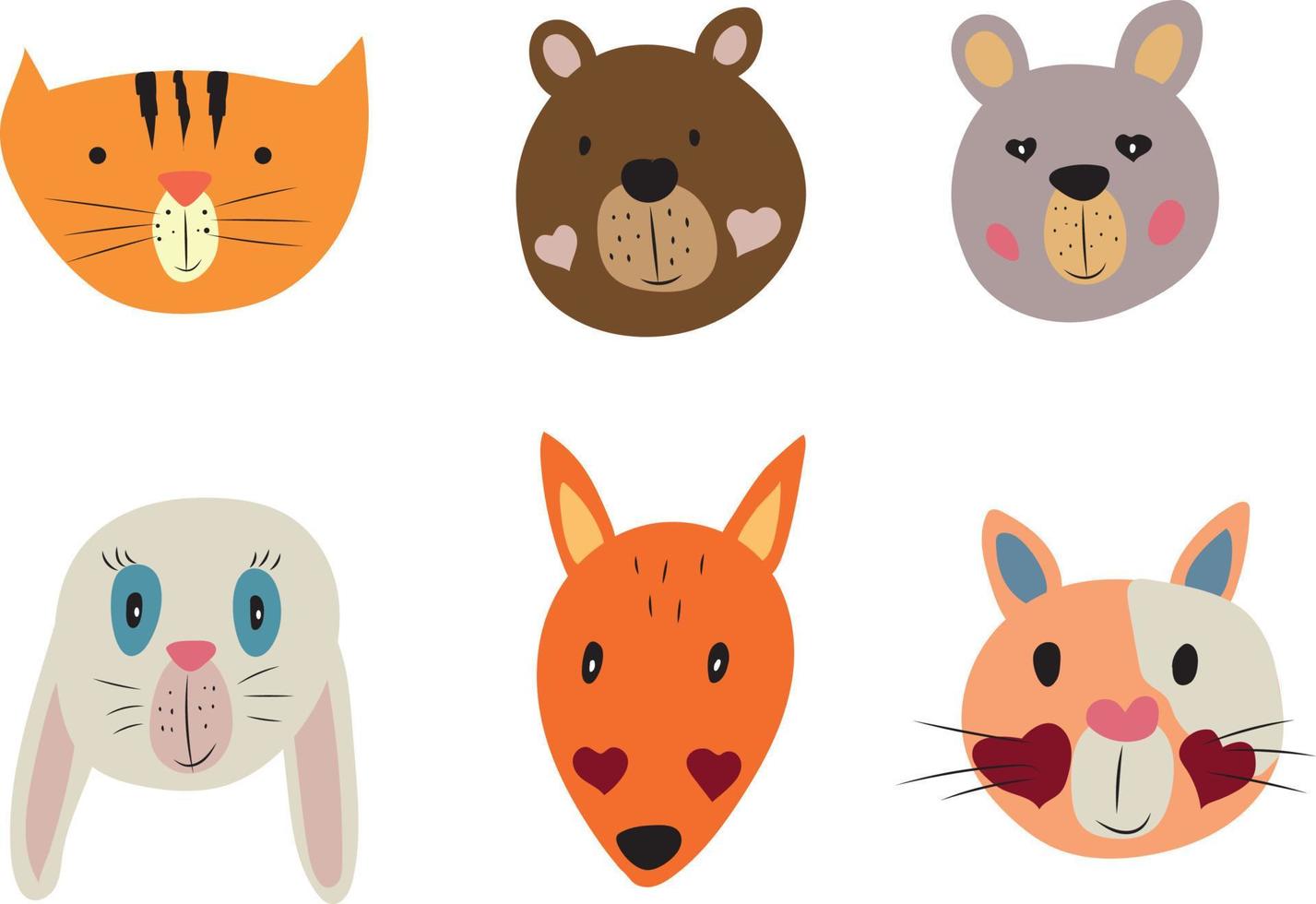 Vector image of doodle animals. Animals for children. The rotten muzzles of wild animals.