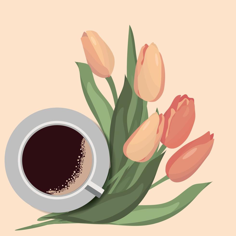 ramo de flores de tulipanes y un taza de café. tarjeta. primavera humor. vector