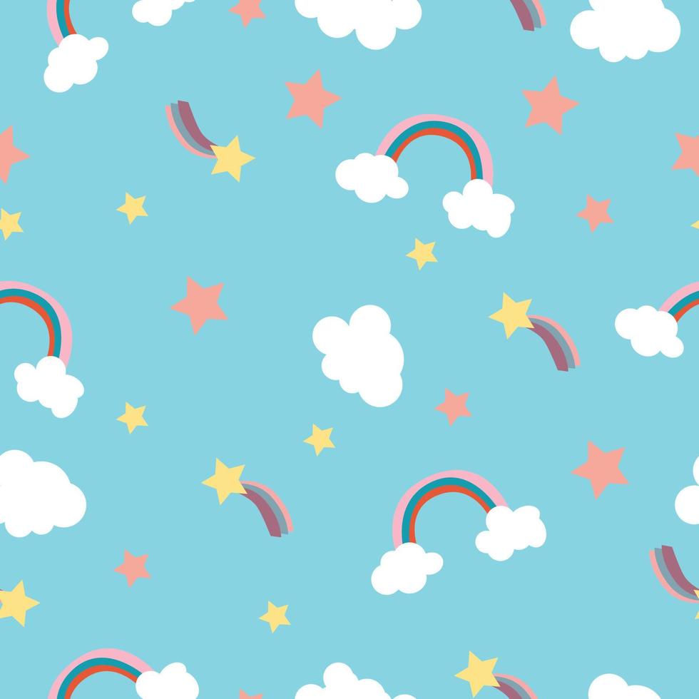 Childish pattern with rainbow and clouds. Stars. High quality vector illustration.