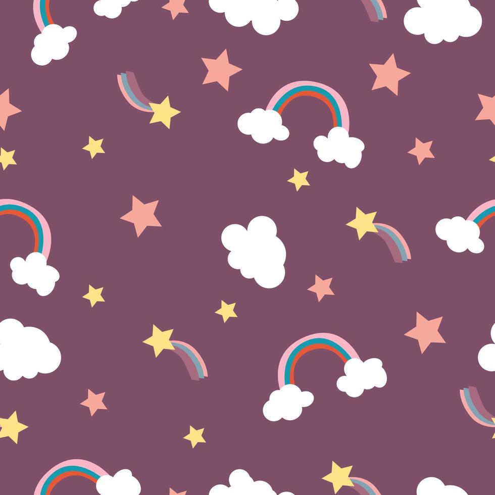 Childish pattern with rainbow and clouds. Stars. High quality vector illustration.