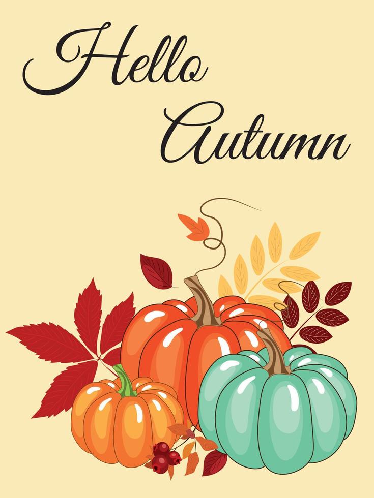 Autumn postcard. Pumpkins and autumn leaves. High quality vector illustration.