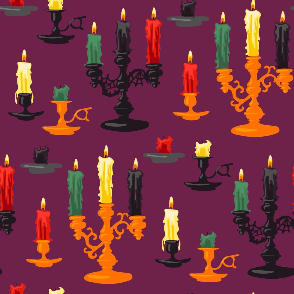A pattern of a set of candles of varying degrees of burnout with candlesticks on purple. Red, black, yellow candles for divination in groups. Gift wrapping for Halloween. Candles are burning vector