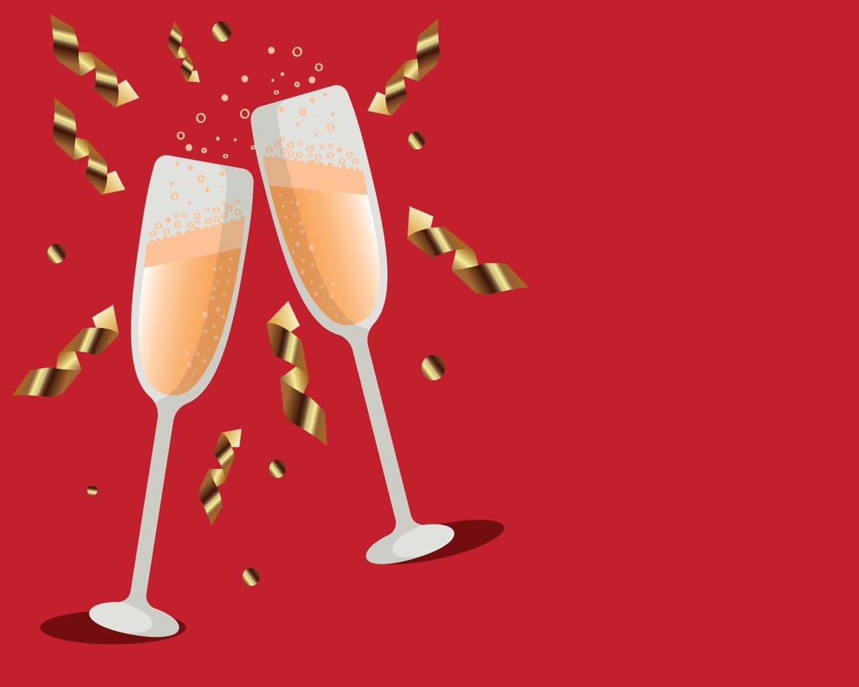Vector image. New year greeting card. Glasses of champagne and confetti with streamer. 2024