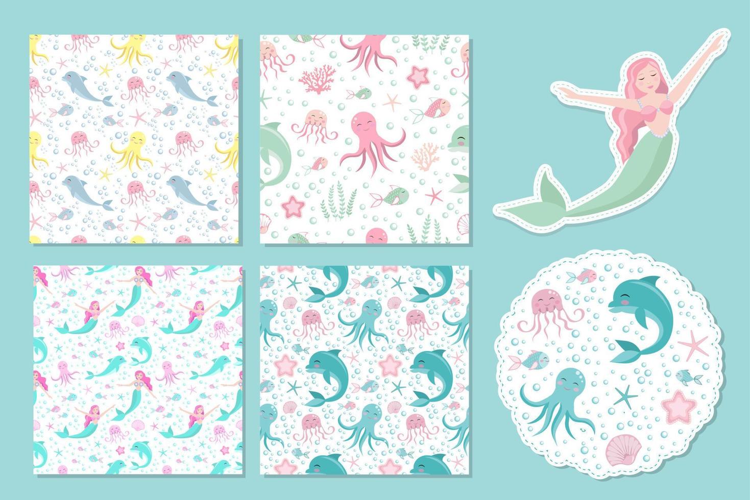 Cute seamless patterns with sea animals. Octopus, dolphin, jellyfish, shell, fish, starfish. Undersea world Design of children's clothing and accessories vector