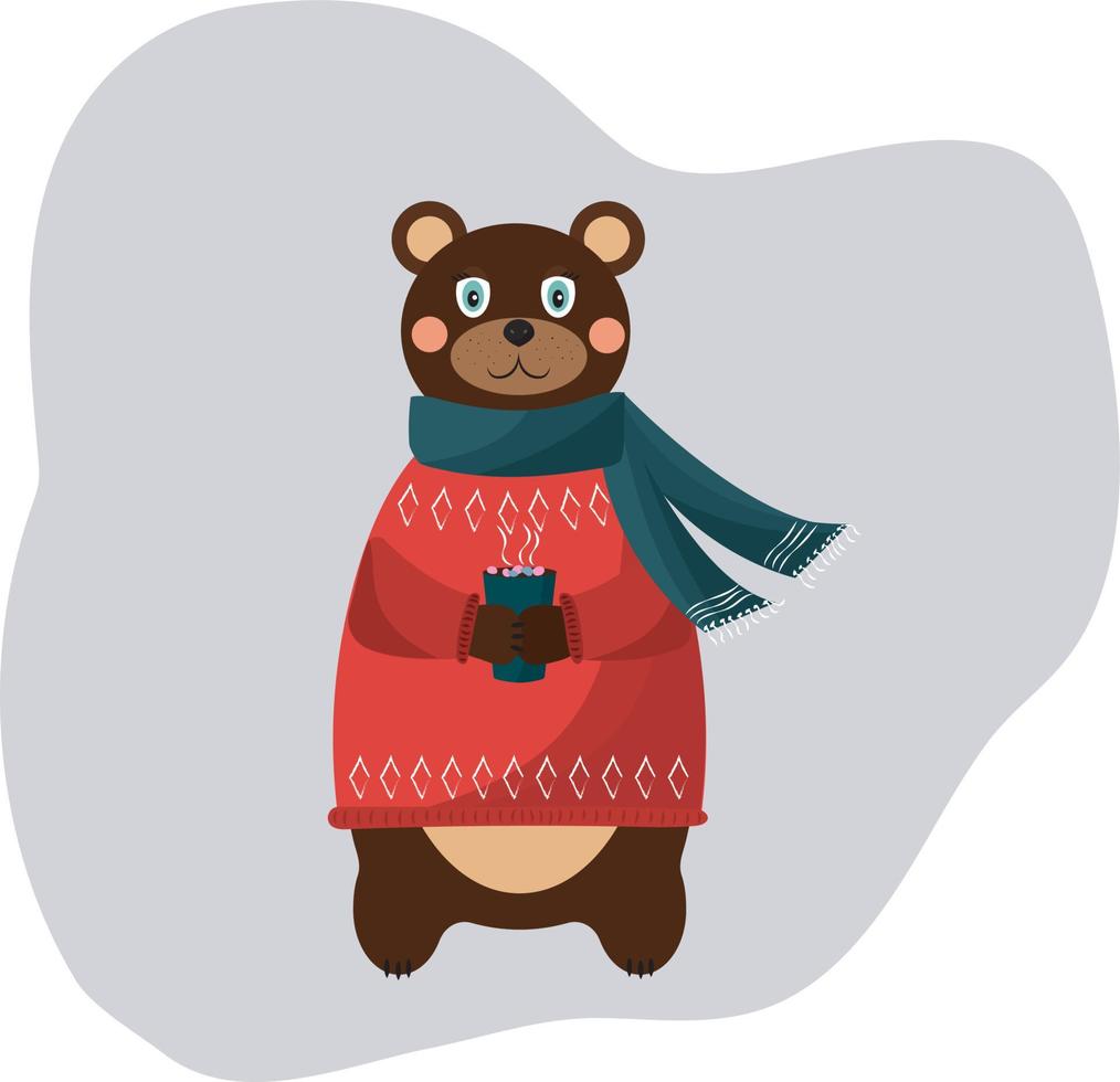 Bear in a winter sweater and scarf with a cup of cocoa with marshmallows. High quality vector illustration.