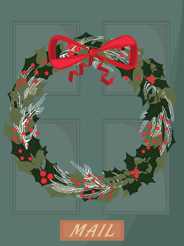 Christmas card. Christmas wreath on the door. High quality vector illustration.