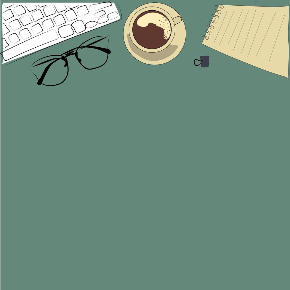 vector illustration of working place in the office. Laptop, notepad, glasses and a cup of coffee are on the table. Free space for your text.