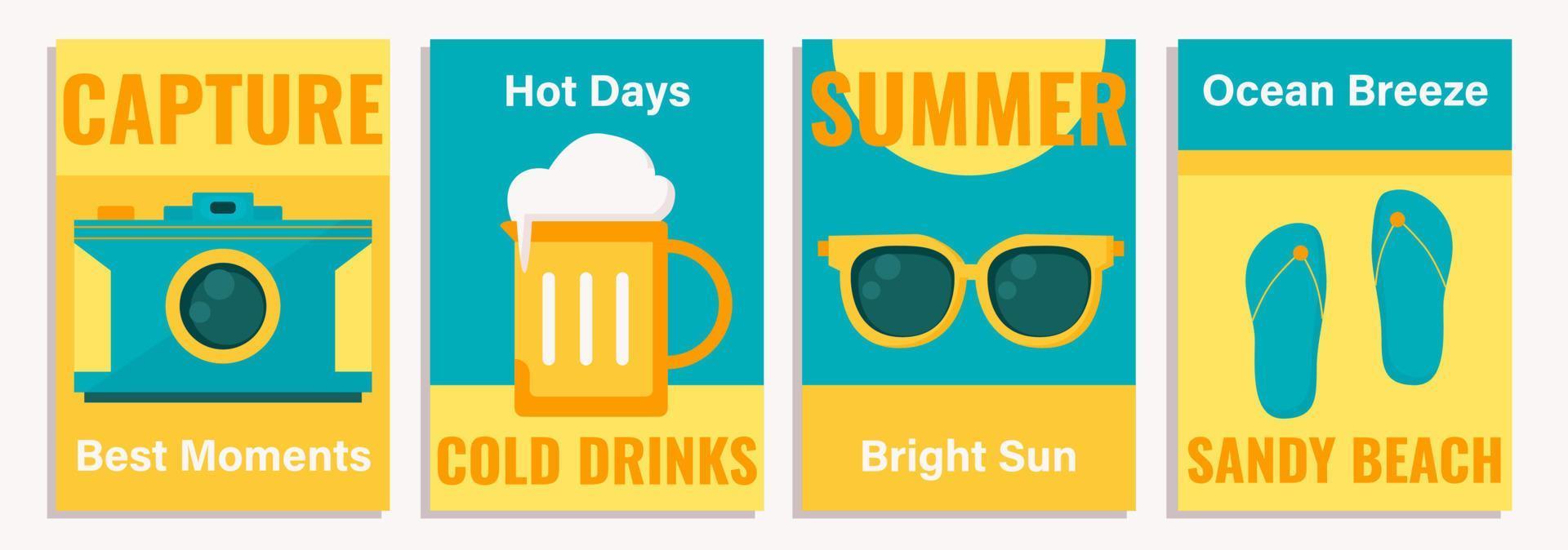 colección de cuatro verano carteles, plantillas, vector ilustraciones de verano dias en un plano estilo.