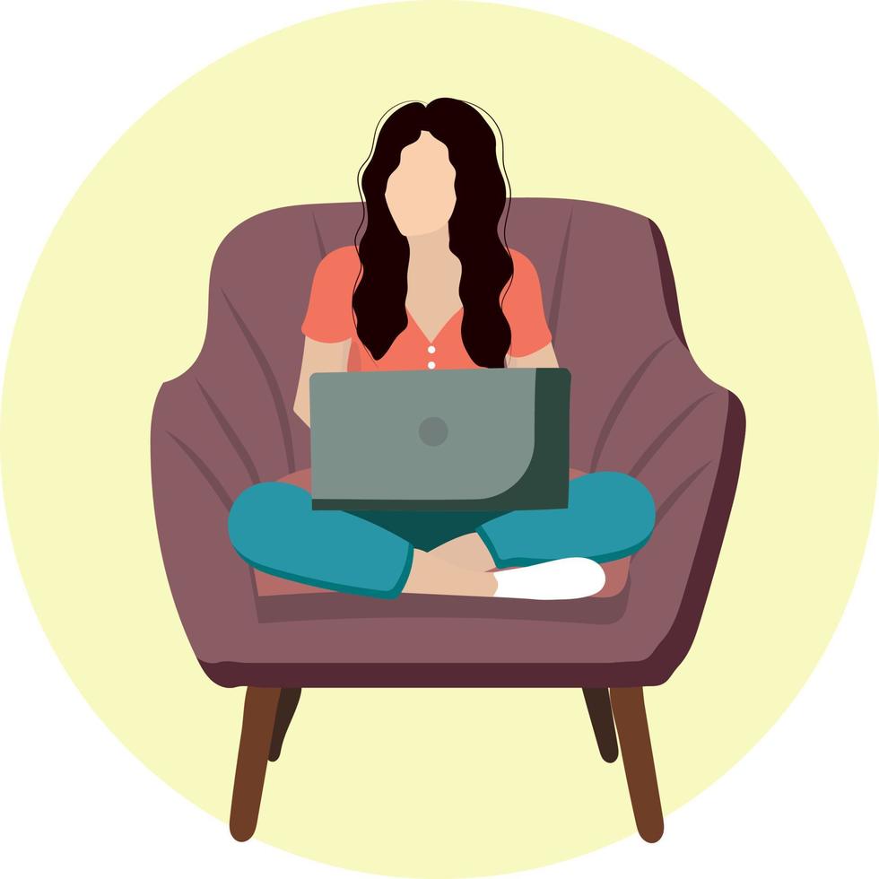 High quality vector image. The girl is working on a laptop. Home office.