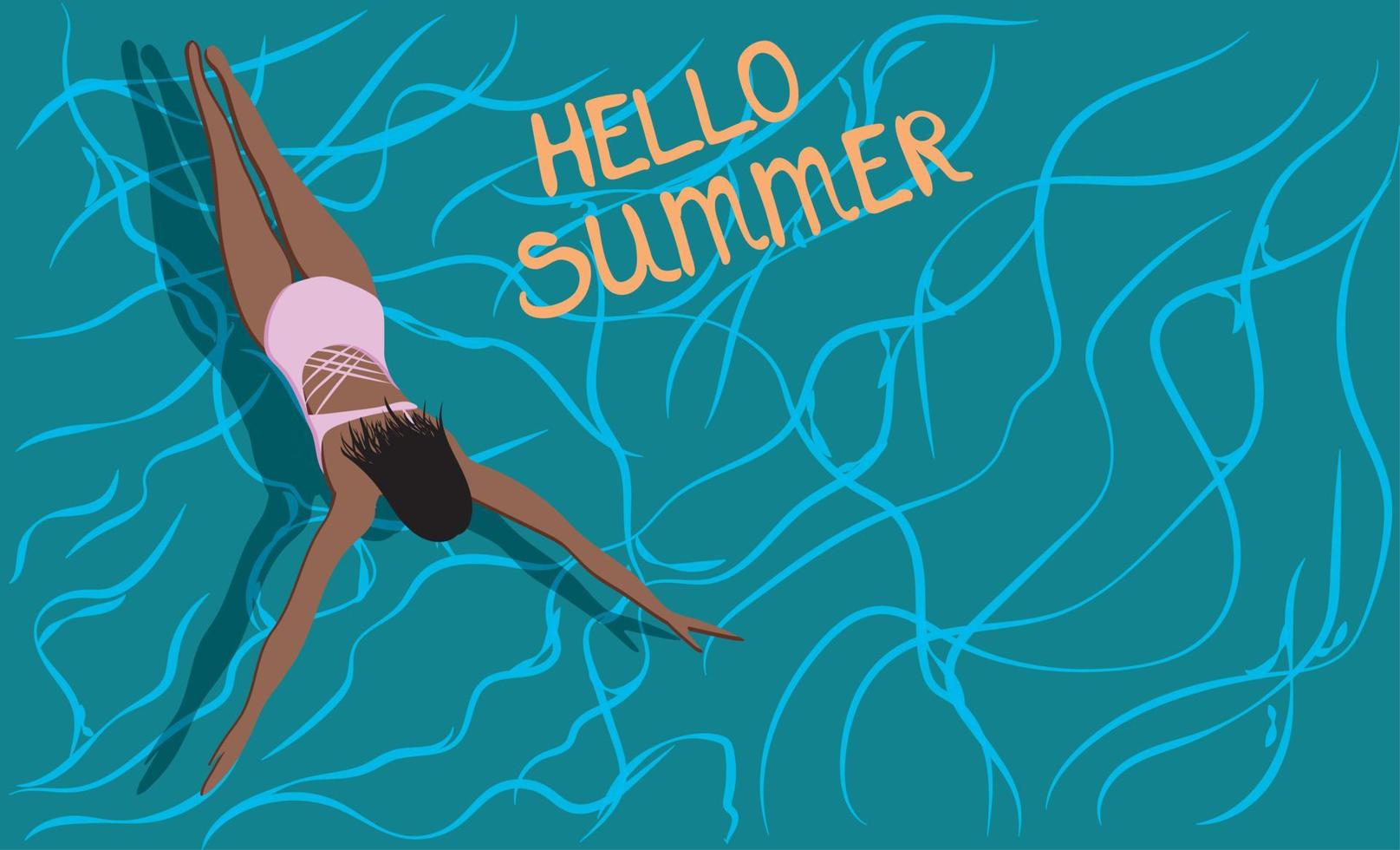 alto calidad vector ilustración. el niña en el piscina. morena en un rosado baños traje. verano.