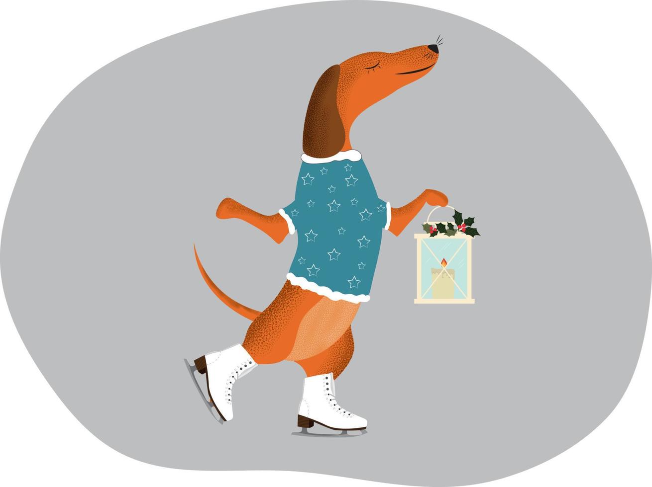 Christmas card.Dog in ice skating. Dachshund. High quality vector illustration.