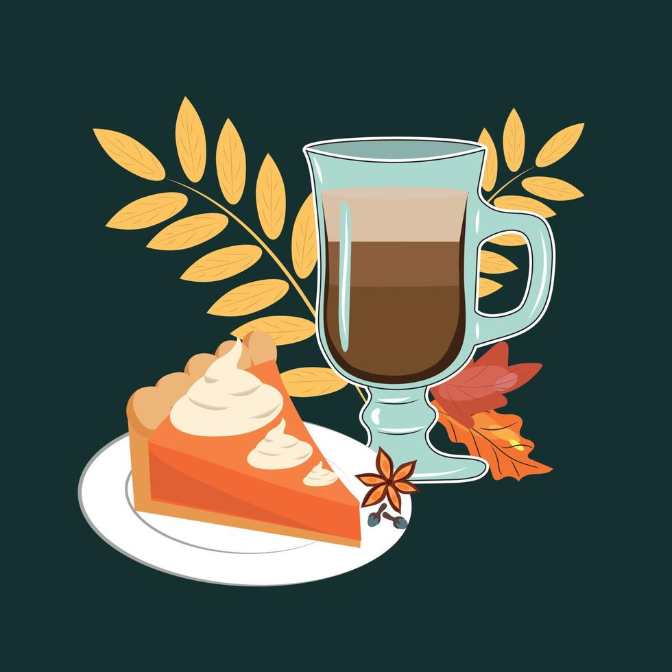 Pumpkin pie with coffee. Autumn menu. High quality vector illustration.