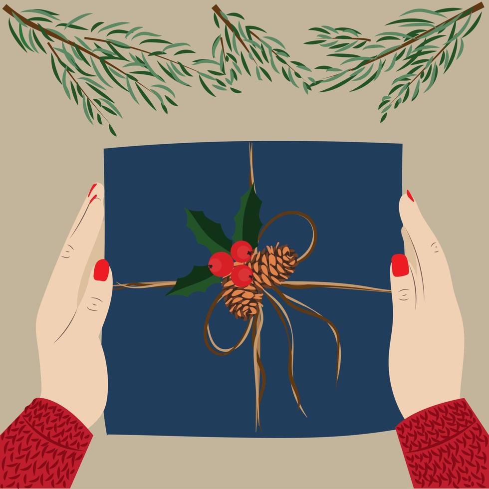 Christmas present in female hands. Close-up. High quality vector illustration.