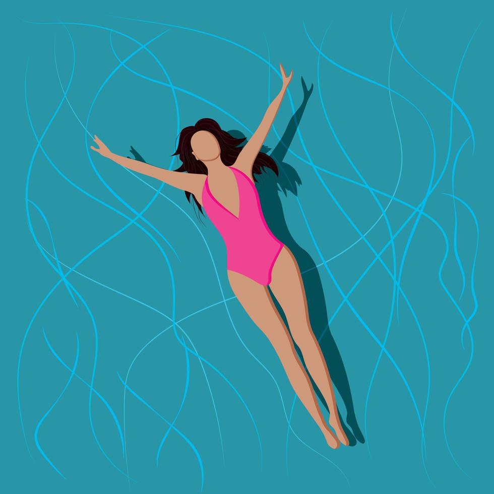 High quality vector illustration. The girl in the pool. Brunette in a pink bathing suit. Summer.