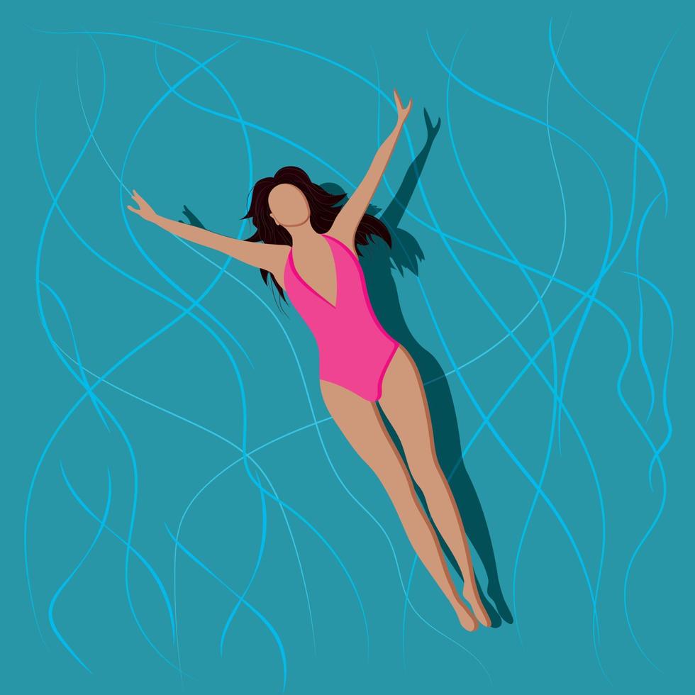 alto calidad vector ilustración. el niña en el piscina. morena en un rosado baños traje. verano.