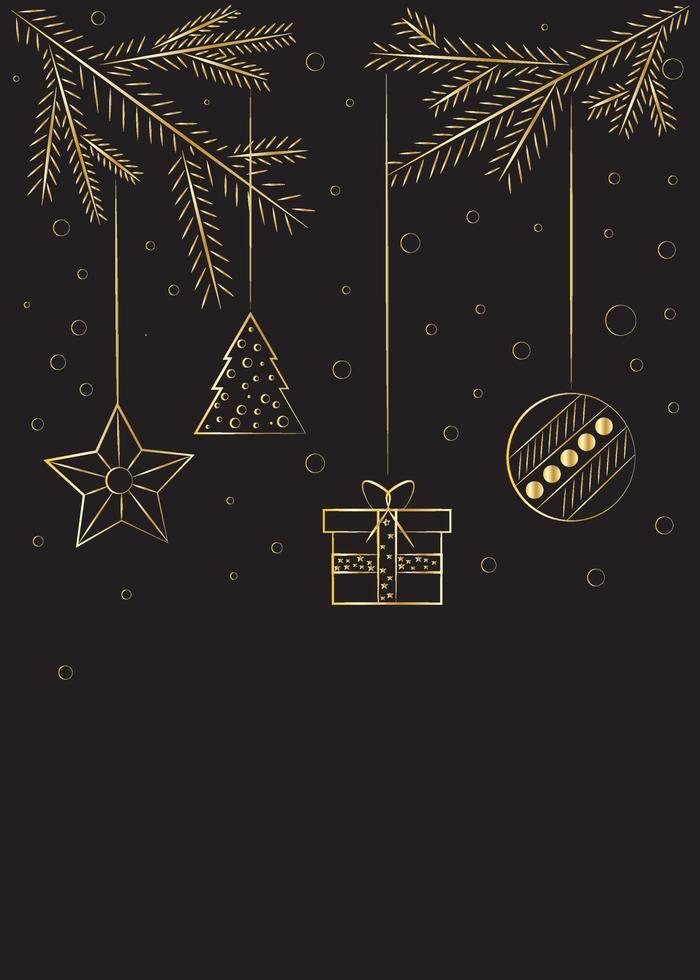 new year card in a minimalistic style. Christmas gold toys on a black background vector