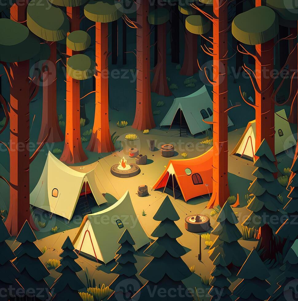 Night landscape in flat style with tents, campfire and forest. photo