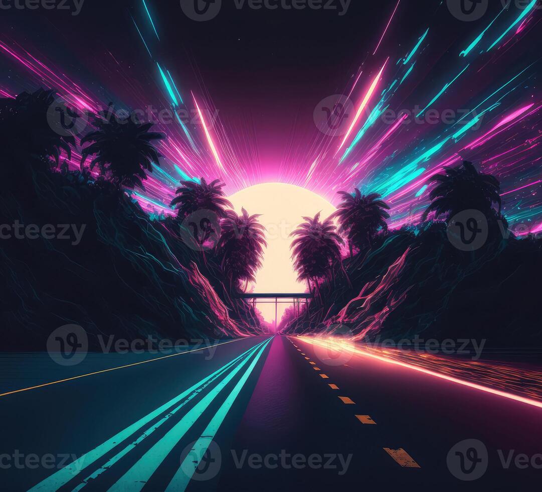 Retro neon landscape with road. photo