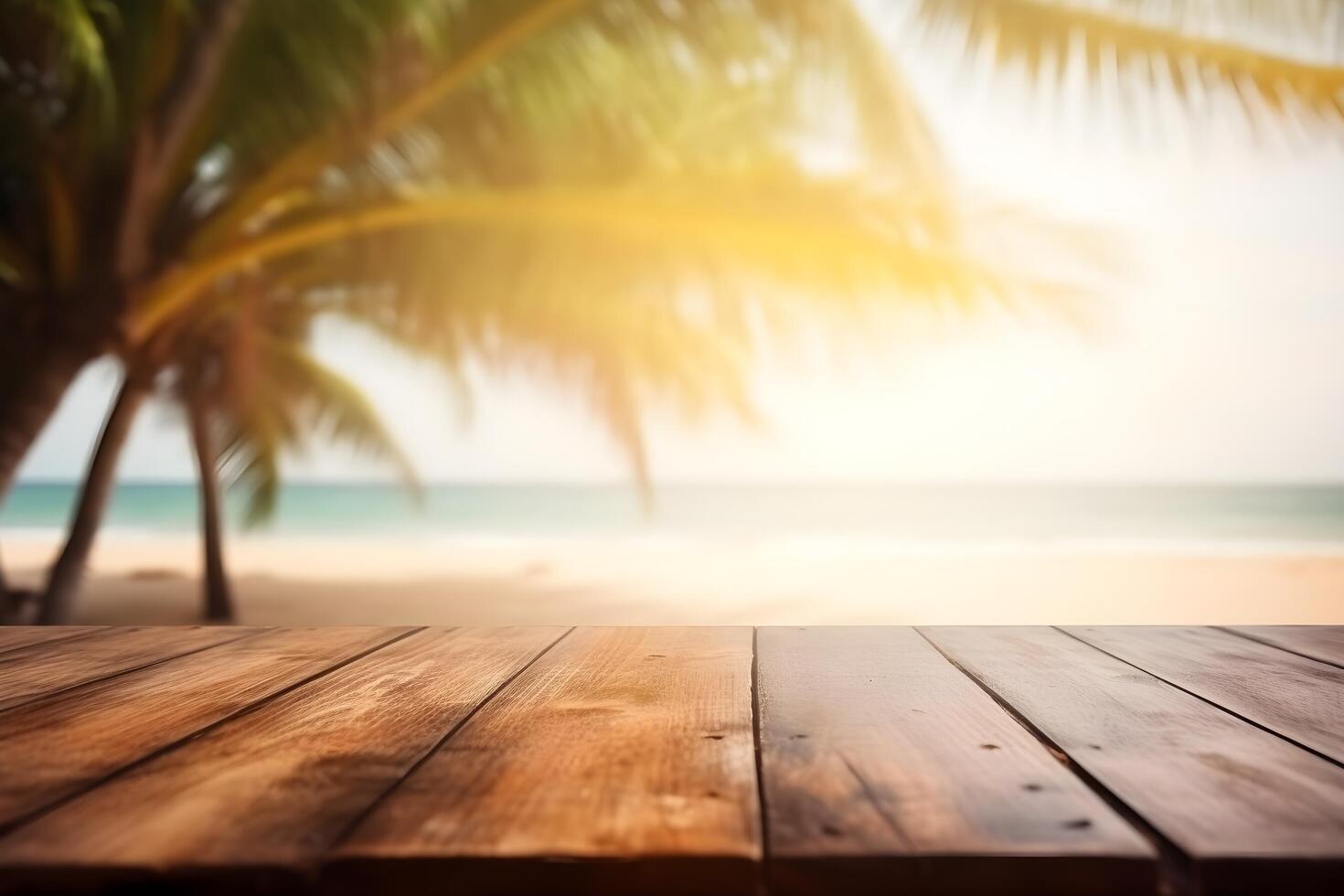 Table in front of blurred tropical beach of summer time background. photo