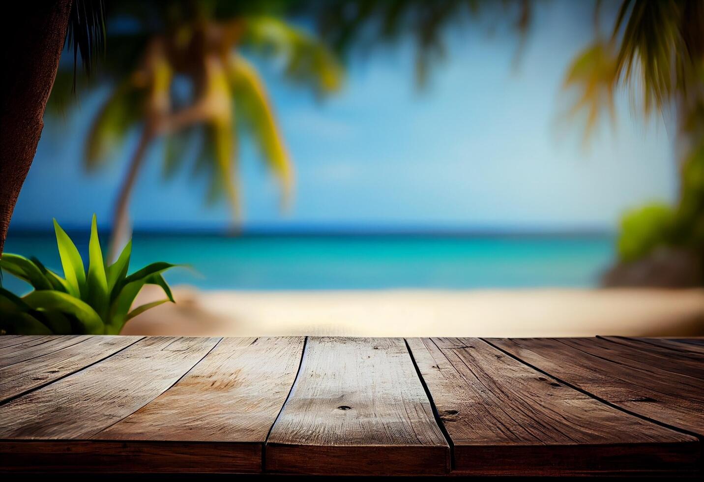 Table in front of blurred tropical beach of summer time background. photo